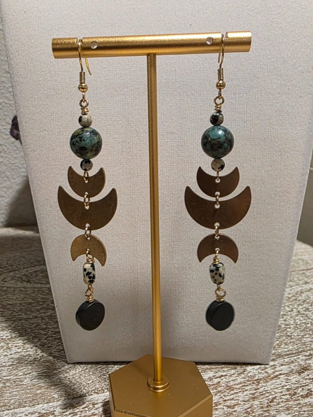 Green and Gold Moon Earrings